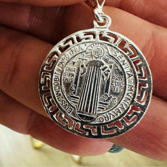 Sterling Silver 925 Pendant, Necklace Greco Style Solid Saint Benedict Protector - Picture 4 of 11
